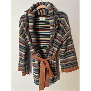 Marine Layer Womens Medium Boho Alamere Long Fringe Cardigan M Multi Stripe Belt
